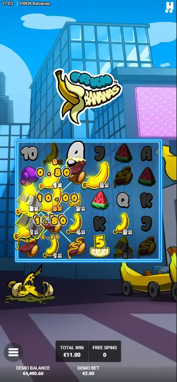 FRKN Bananas Slot mehrere Bananen mit sichtbaren stapelnden Multiplikatoren auf einer Gewinnlinie