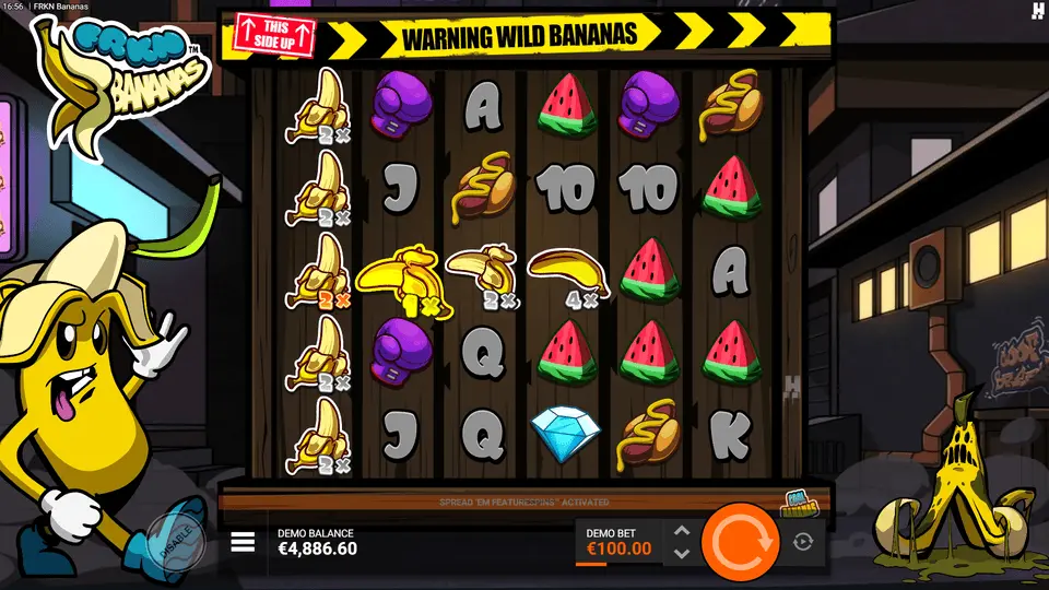 FRKN Bananas Slot mehrere Bananen mit sichtbaren stapelnden Multiplikator-Werten