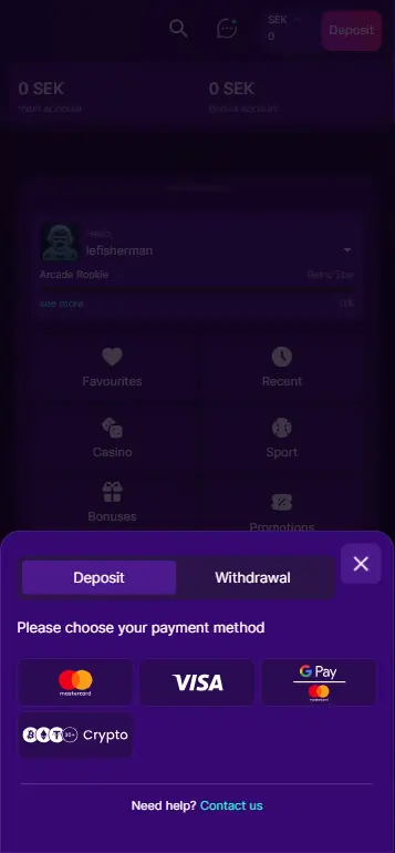 Deposit interface for FRKN Bananas casino