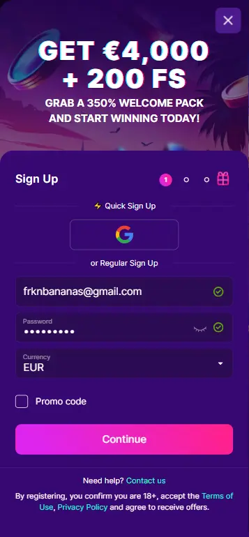 Registration form for playing FRKN Bananas real money