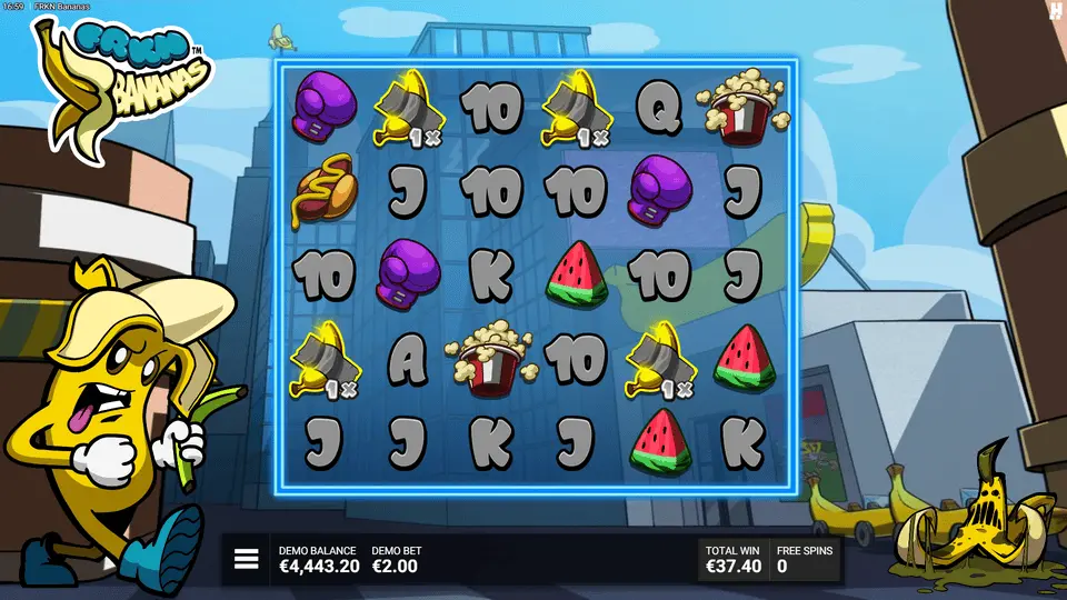 FRKN Bananas Hacksaw Gaming Banana Blitz met zichtbare plakkerige bananen en Go Bananas